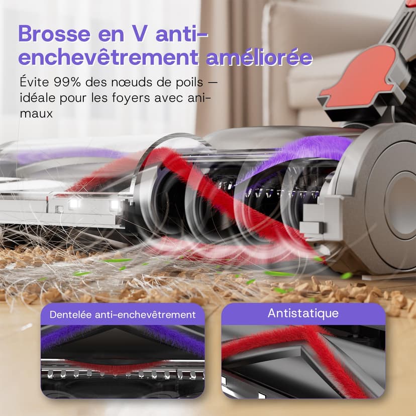 Aodebiao V16 Aspirateur Balai sans Fil 55Kpa/600W/80Mins, Aspirateur sans Fil Puissant, Écrans Tactiles LED, Mode Automatique, Brosse Anti-Emmêlement pour Tapis, Sols Durs et Poils d'animaux - 7