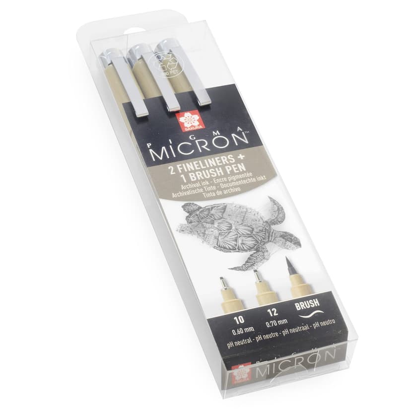 Sakura Pigma Micron Boîte de 3 stylos fineliners pigmentés - 10/12/Pinceau - Encre noire - 3