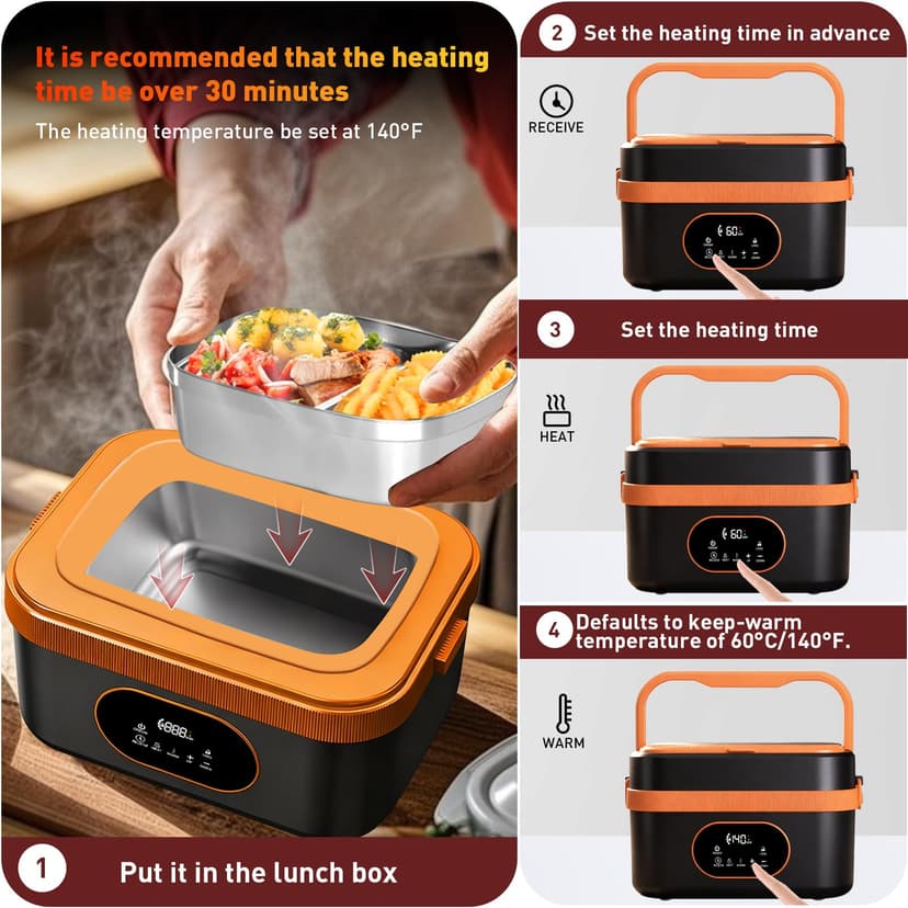 Gamexop Upgraded Cordless Electric Lunch Box, 1.5L Rechargeable Heated Lunch Box Battery Powered Stainless Steel Self-Heating Food Warmer Gift for Indoor Outdoor Work Office Camping Travel - 4
