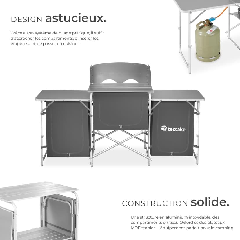 tectake® Meuble de Rangement Cuisine de Camping Pliable XXL en Aluminium, avec 5 Étagères, Plan de Travail, Pieds réglables, Sac de Transport Inclus, Stockage pour Vaisselle, Accessoires Cuisine - 3