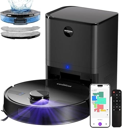 MONSGA Robot Aspirateur Laveur, 5000Pa Puissance, 180min Aspirateur Robot, 3.5L Sation Auto-vidage, LiDAR Navigation,Cartographie,Évitement d'Obstacles, pour Tapis et Poils d'animaux, App/Remote/Alexa