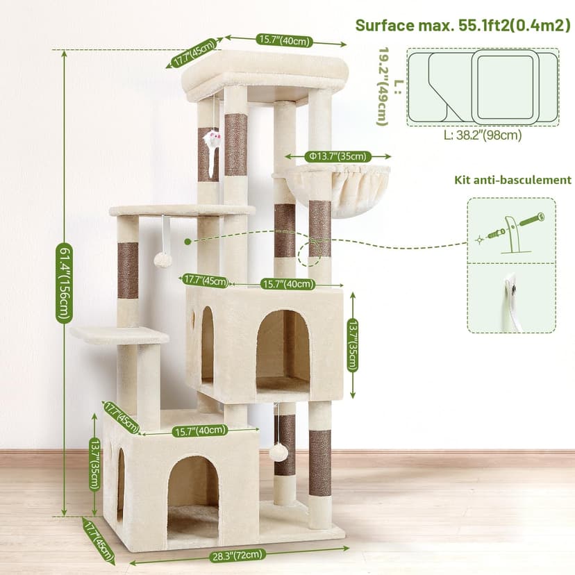 Globlazer Arbre à Chat Beige Grand avec 2 Grande Niches, Doux Plate-Forme, Griffoirs en Sisal, Arbre a Chat Stable Haut 156 cm avec Grandes Bases Tronc épais pour Gros Chats Chatons (F61, Beige) - 7