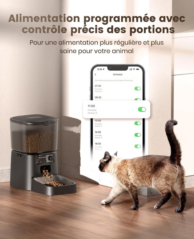 oneisall Distributeur Croquettes Chat Automatique, 3.5L Distributeur Croquettes Chat, Mangeoire de Nourriture, Gamelle Automatique pour Chien, 1-6 Repas par Jour (3.5L WiFi Noir) - 3