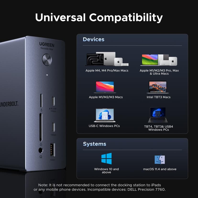 UGREEN Thunderbolt 4 Docking Station, 13-in-1 Revodok Max TB4 Dock, 3x 40Gbps TBT4, Single 8K, Dual 4K@60Hz, Up to 96W Laptop Charging, 20W USB-C, 1GbE, SD/TF for TBT4/3 MacBooks and Windows Laptops - 8