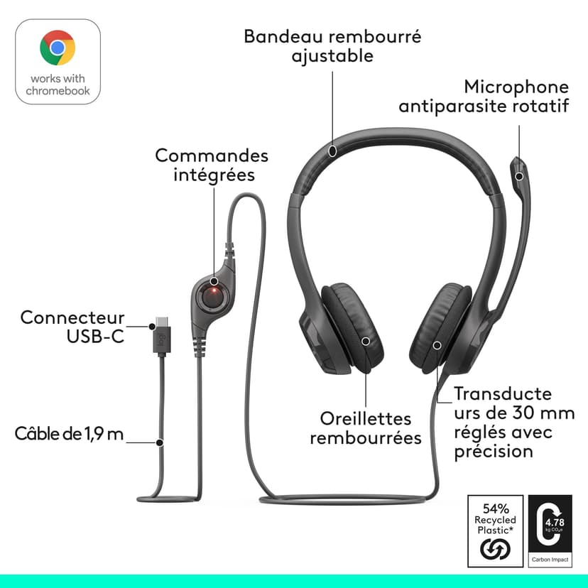 Logitech H390 Casque Filaire pour PC/Ordinateur Portable, Casque stéréo avec Microphone Anti-Parasite, stéréo, Commandes intégrées, certifié Works with Chromebook - Noir - 6
