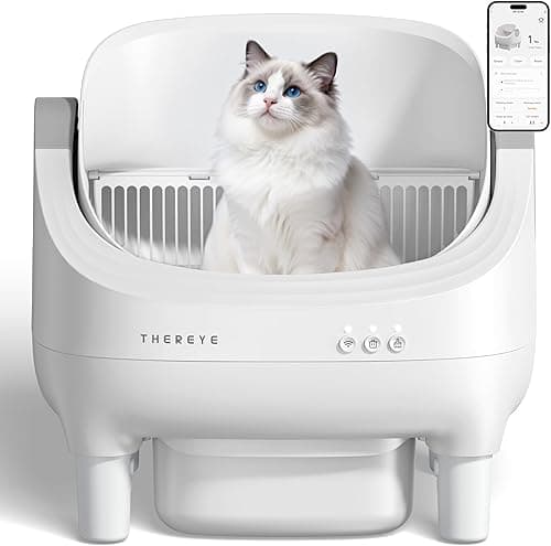 Thereye Self Cleaning Cat Litter Tray, Automatic Cat Litter Box with APP Control, Safety Sensor, Odor-Free Litter Boxes with 10L Large Waste Bin, Trash Bag and Mat for Multi-cats (3-30lb)
