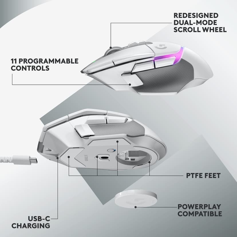 Logitech G G502 X Plus Lightspeed Wireless RGB Gaming Mouse - Optical mouse with Lightforce hybrid switches, Lightsync Rgb, HERO 25K gaming sensor, compatible with PC - macOS/Windows - White - 7
