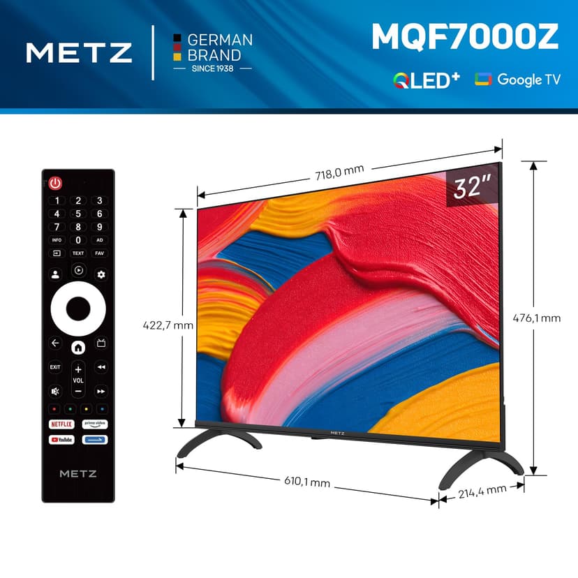 Metz 32 Pouces (80 cm) Smart TV Google Television LED, QLED, HDR 10 Dolby Audio Bluetooth 5,1 EyeCare Tuner DVB-T/T2/C/S/S2 CI+ (32MQF7000Z) - 4