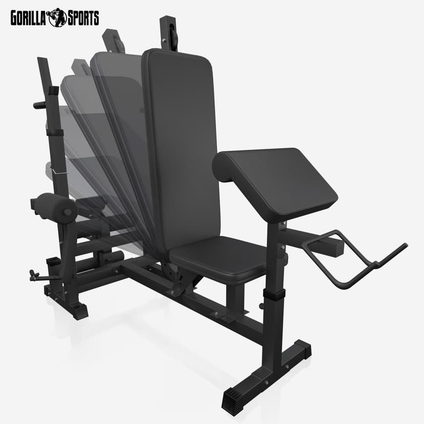 GORILLA SPORTS® Weight Bench - with 100kg Weights, Barbell Bar, EZ Curl Bar, Dumbbells, Adjustable, Rack, Dip Station, Preacher Pult, Leg Extension, Black or White - Training, Workout Bench, Multi Gym - 5