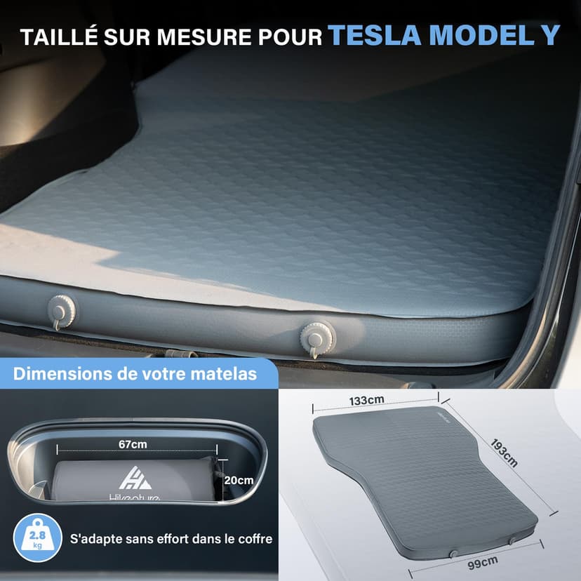 HIKENTURE Matelas Voiture pour Tesla Model Y/Juniper/3, Autogonflant et Ultra-léger - Matelas Gonflable Voiture Arrière en 8 cm Mousse à Mémoire de Forme - 40% Plus Compact - pour Camping, Voyage - 4