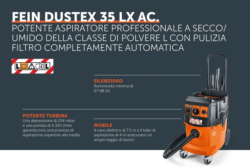 FEIN Dustex 35 LX AC, Aspirateur industriale eau et poussière avec nettoyage entièrement automatique du filtre,certification classe de poussières L, Aspirateur professionnel pour chantiers et ateliers - 5