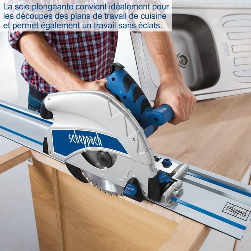 Scheppach Scie plongeante PL75 | Rail de guidage de 1400mm | Puissance 1600W | Profondeur de coupe 75mm | Lame de 160mm 36D | Inclinable avec protection contre le basculement jusqu'à 45° - 7