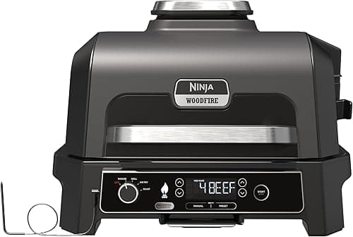 Ninja Woodfire Pro XL Electric Grill, Large 4-in-1 Outdoor Grill with Smoker & Hot Air Fryer, Smart Cook System & Integrated Thermometer, Wood Fire Pellets, Weatherproof, Portable, Grey/Black OG850EU