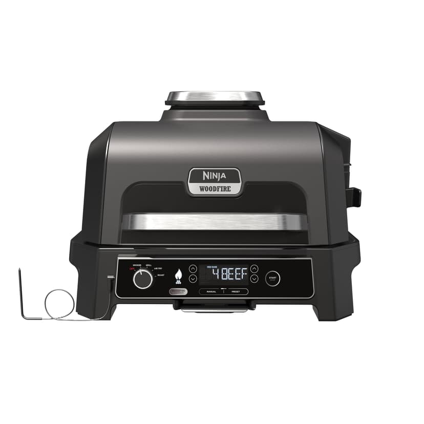 Ninja Woodfire Pro XL Electric Grill, Large 4-in-1 Outdoor Grill with Smoker & Hot Air Fryer, Smart Cook System & Integrated Thermometer, Wood Fire Pellets, Weatherproof, Portable, Grey/Black OG850EU - 1