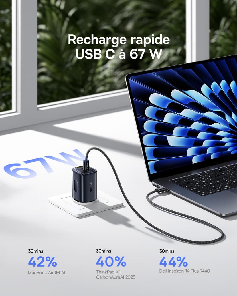 Baseus Picogo Chargeur USB C 67W pour iPhone 17, Mini Adaptateur Secteur USB C à 3 Ports, Rapide GaN Charger PD avec PPS, Compatible avec iPhone 16-8, MacBook, iPad, Ordinateur Portable, Galaxy - 2