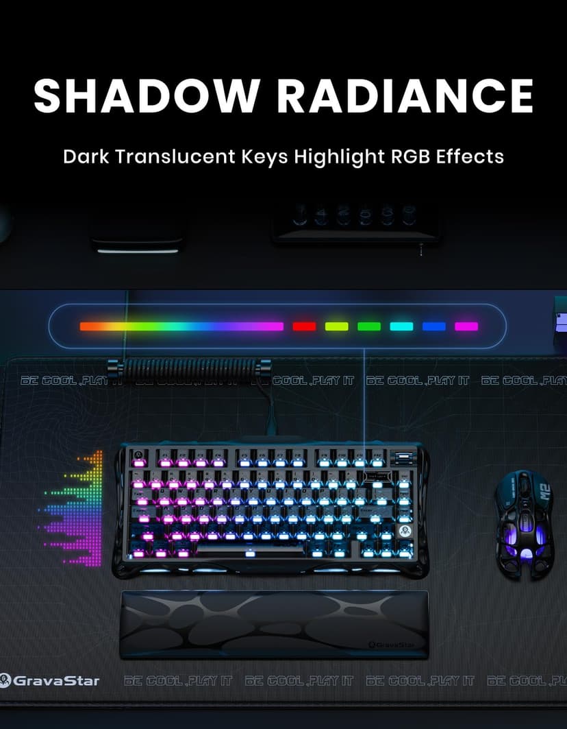 GravaStar Mercury K1 75% Wireless Mechanical Keyboard, Aluminum Alloy Gaming Keyboard with Knob, Hot Swappable, Linear Switches, Transparent Keycaps, RGB Backlit, 2.4GHz/BT5.0/USB-Black Mist - 7