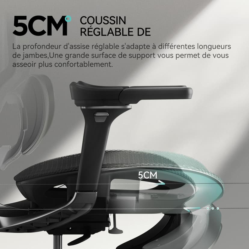 Hbada E3 Pro Chaise de Bureau Ergonomique Fauteuil de Bureau - Soutien Lombaire Dynamique 3 Zones, Appui-Tête 4D Réglable, Accoudoirs 6D Réglables, Pivotant avec Repose-Pieds, Noir - 5
