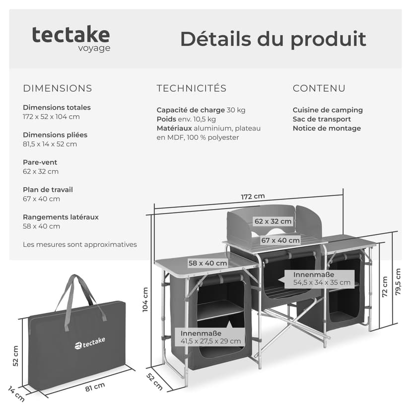 tectake® Meuble de Rangement Cuisine de Camping Pliable XXL en Aluminium, avec 5 Étagères, Plan de Travail, Pieds réglables, Sac de Transport Inclus, Stockage pour Vaisselle, Accessoires Cuisine - 7