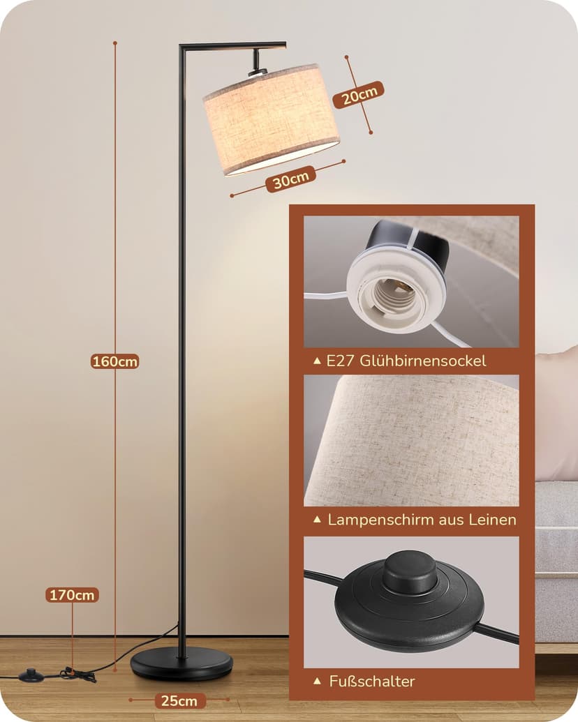 EDISHINE Floor Lamp Living Room, Arch Lamp with Beige Linen Lampshade, E27 Socket, 160 cm Black Floor Lamp with Adjustable Shade for Bedroom, Children's Room - 5