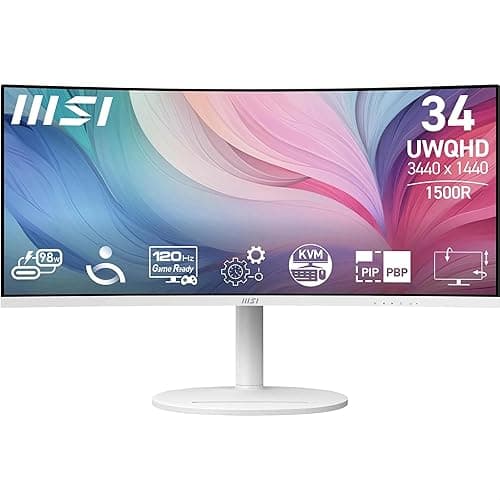 MSI Modern MD342CQPW 34" Curved Monitor UWQHD 1500R, 3440x1440 VA Panel, 21:9, KVM, Pip/PBP, 120Hz, 300 nits, Anti-Glare, Built-in Speakers, 3-Way Adjustable, HDMI 2.0b