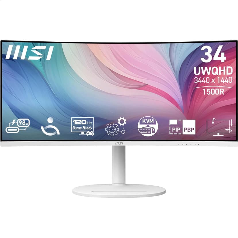 MSI Modern MD342CQPW 34" Curved Monitor UWQHD 1500R, 3440x1440 VA Panel, 21:9, KVM, Pip/PBP, 120Hz, 300 nits, Anti-Glare, Built-in Speakers, 3-Way Adjustable, HDMI 2.0b - 1