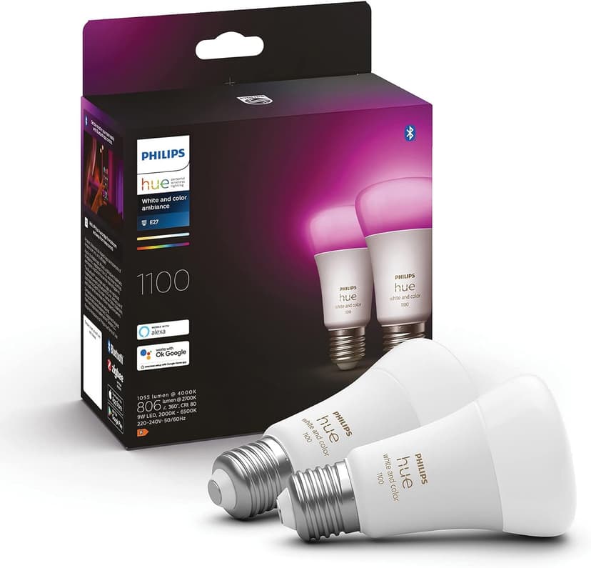 Philips Hue White & Color Ambiance, ampoule LED connectée E27,Equivalent 75W, 1100 lumen, Compatible Bluetooth, Pack de 2, fonctionne avec Alexa, Google Assistant, Apple Homekit, Ancienne génération - 1