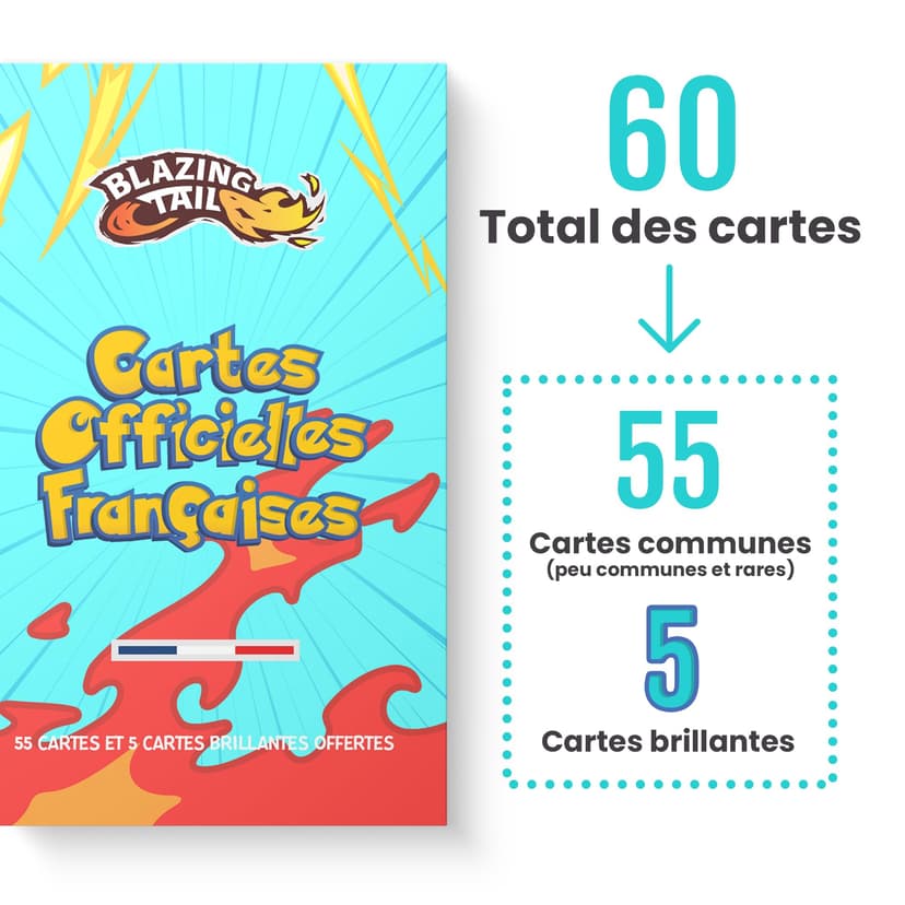 Blazing Tail Lot de 60 Cartes Françaises Neuves et Officielles - Comprend 5 Cartes Brillantes - sans Double - sans Carte Énergie - 4