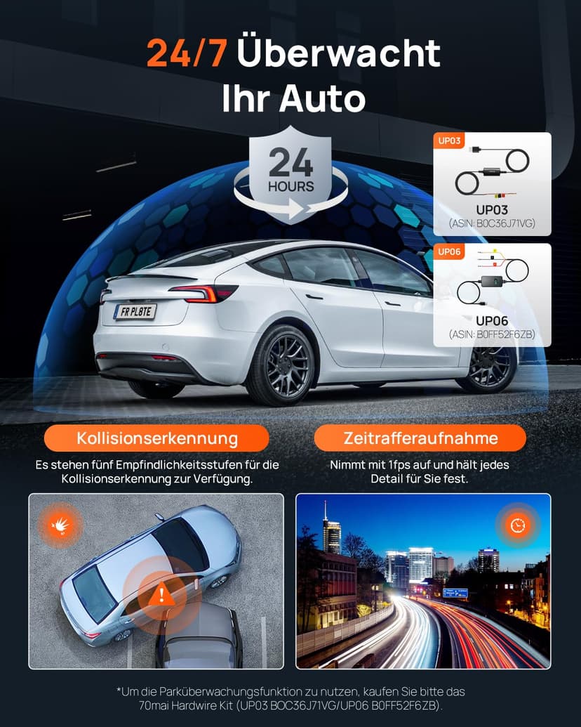 70mai A800SE Dash Cam Car Front Rear 4K UHD+1080P with GPS WiFi, Dual Car Camera with 128GB SD Card, F1.55 Aperture HDR, Night Vision, ADAS, 3 "IPS, 24/7 Parking Monitoring, Supports 512 GB Max - 4