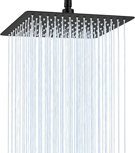 Bubuny Rain Shower Head Square Stainless Steel Shower Head 20 x 20 cm Adjustable Square with Self-Cleaning Nozzles Black