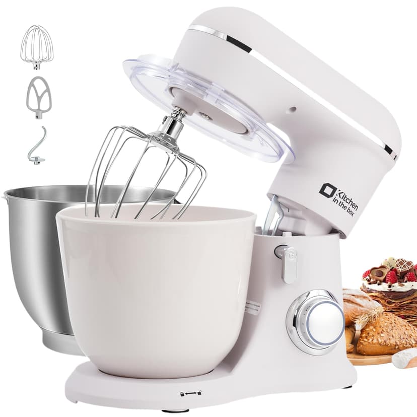 Kitchen in the box Pastry Processor, 4.5L+5L 2 Bowls Kitchen Robots, 10 Speeds Electric Kitchen Mixer, 1300 W Professional Mixer with Whisk, Beater, Hook (White) - 1