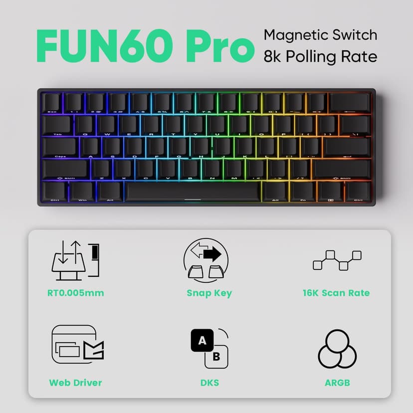 MONSGEEK FUN60 Pro Rapid Trigger Gaming Keyboard, 16K Scan Rate SP Magnetic Switch HE Keyboard Wired keyboard 60% Black Shine-Through (Glare Magnetic Switch) - 2