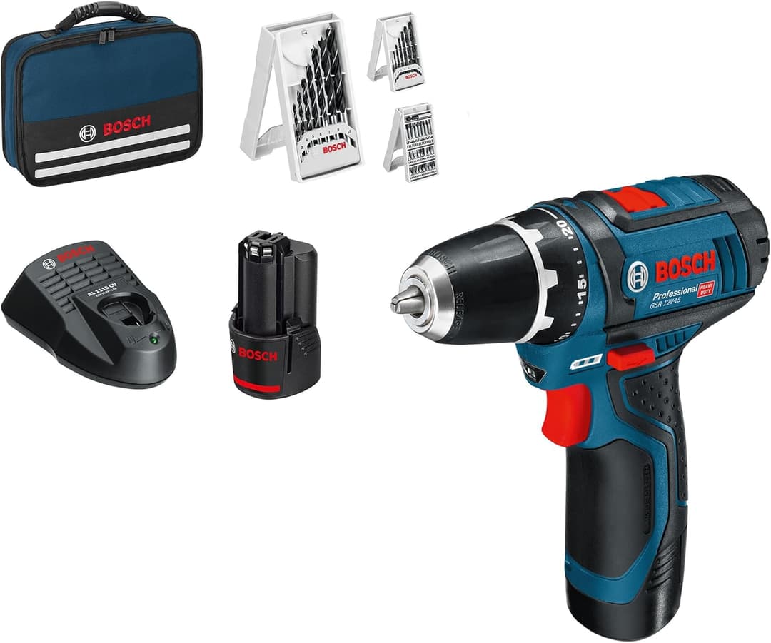 Bosch Professional 12V System Cordless Screwdriver GSR 12V-15 (incl. 2x2.0 Battery+Charger, 39 Pieces Accessory Set, in Bag) - Amazon Exclusive Set