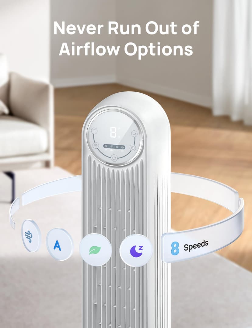 DREO 20dB Silent Tower Fan, 28 ft/s Velocity Electric Cooling Fan with Remote, 90° Oscillating 8 Speeds 4 Modes 8H Timer LED Display, DC Motor Quiet Standing Bladeless Floor Fans for Bedroom, White - 6