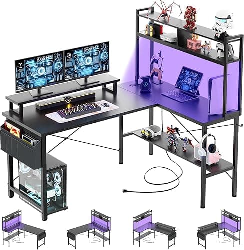 iSunirm L Shaped Gaming Desk with Power Outlets & LED Lights, Small L- Shaped Computer Corner Desk with Monitor Stand & Storage Shelf, Gaming Table with Storage Bag, Black