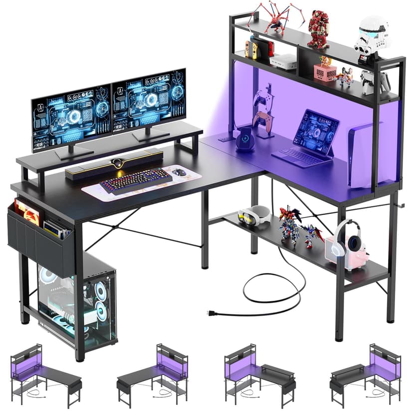 iSunirm L Shaped Gaming Desk with Power Outlets & LED Lights, Small L- Shaped Computer Corner Desk with Monitor Stand & Storage Shelf, Gaming Table with Storage Bag, Black - 1
