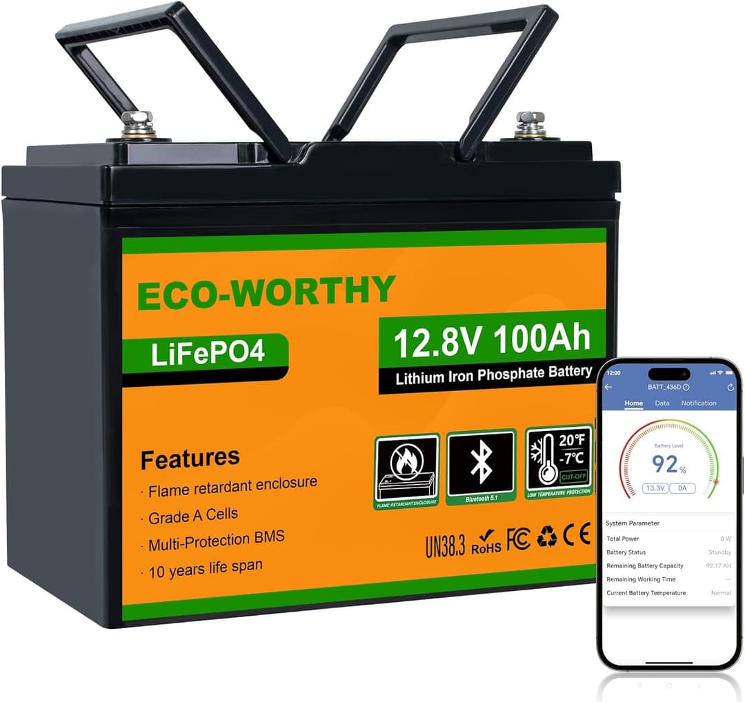 Eco-Worthy LiFePO4 100Ah Bluetooth, Lithium Battery 12V 100Ah with BMS Low Temperature Protection and Max. 15000 Cycles, 1280Wh Car Battery for RV, Boat, Solar Panel