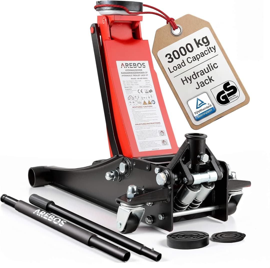 Arebos 3T Hydraulic Low Profile Jack | Lifting Range 75–505 mm | Double Piston System | Includes 2 Stands | Heavy-Duty Car Jack for Garage & Workshop