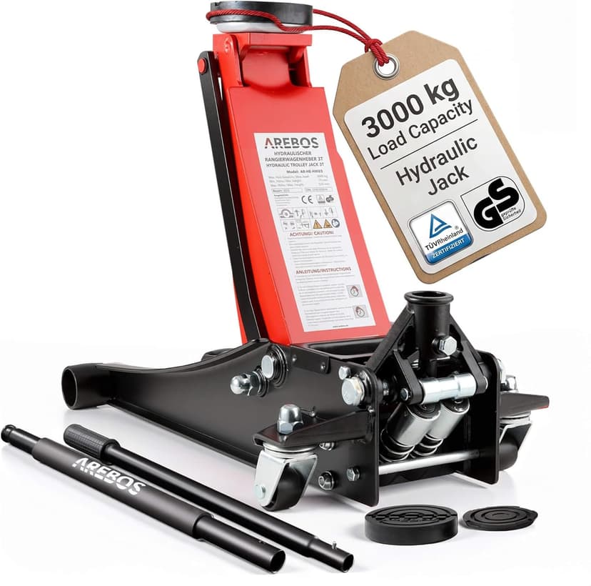 Arebos 3T Hydraulic Low Profile Jack | Lifting Range 75–505 mm | Double Piston System | Includes 2 Stands | Heavy-Duty Car Jack for Garage & Workshop - 1