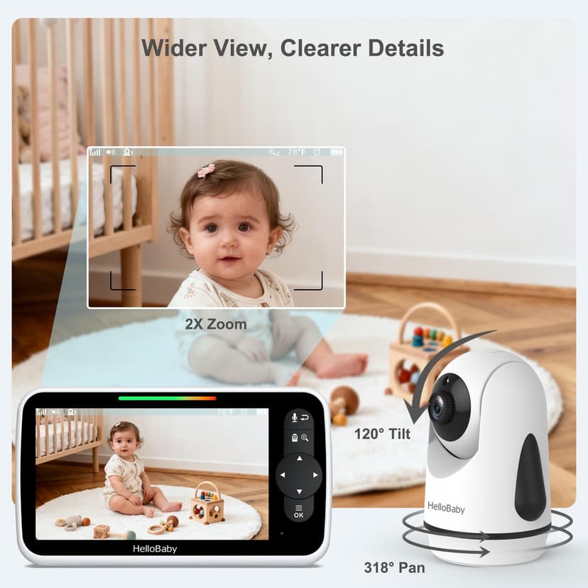 HelloBaby Moniteur Vidéo Bébé 6 Pouces, Grand Écran avec Caméra et Audio, Batterie 4000mAh Mode ECO, Vision Nocturne, sans WiFi, Communication Bidirectionnelle 8 Berceuses, Caméra PTZ à Distance - 8