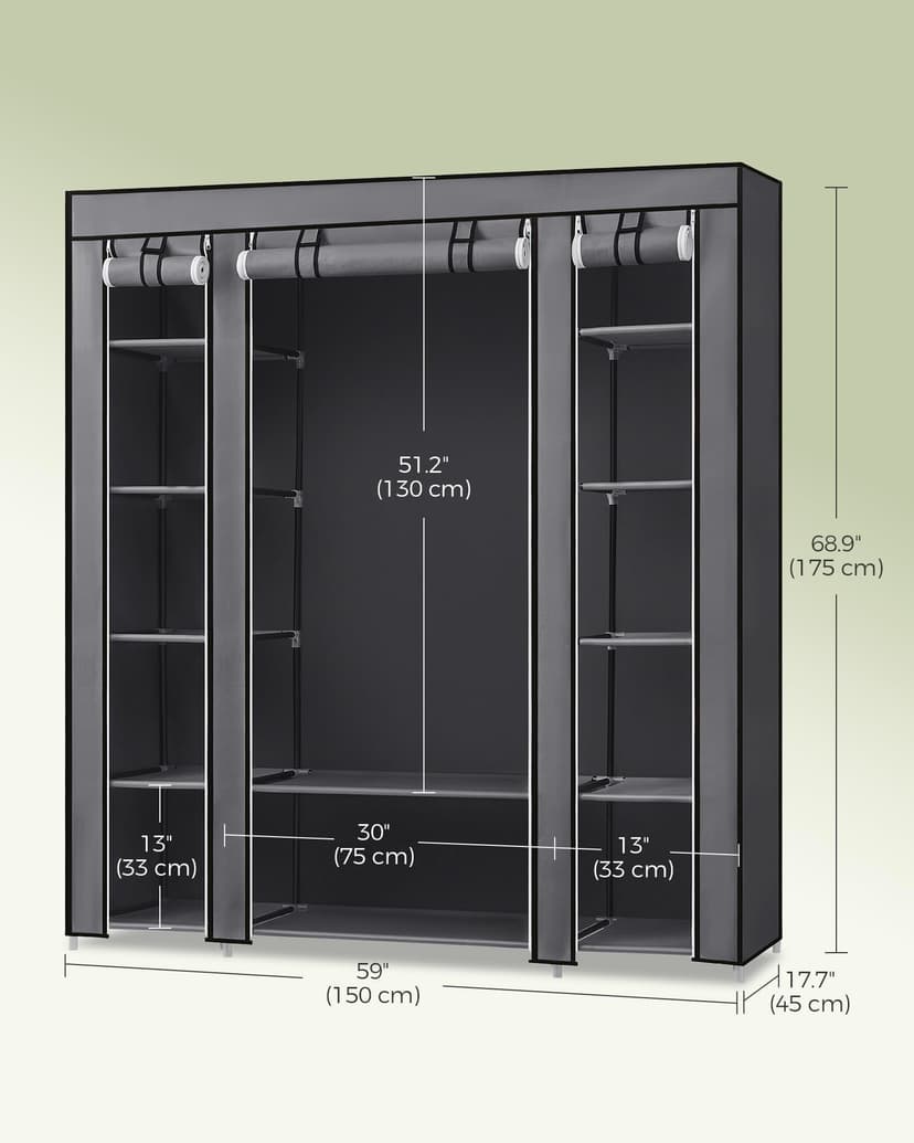 SONGMICS Fabric Wardrobe, Portable Wardrobe for Bedroom, Clothes Rail with Non-Woven Fabric Cover, Clothes Storage Organiser, 45 x 150 x 175 cm, 12 Compartments, Metal Frame, Grey LSF03G - 3