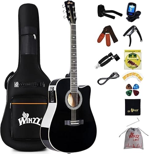 Winzz 4/4 Electro-Acoustic Guitar, Western Guitar Set for Adults and Beginners, Acoustic Guitar 41 Inch with 4-Band Equaliser (Dreadnought, Glossy, Black)