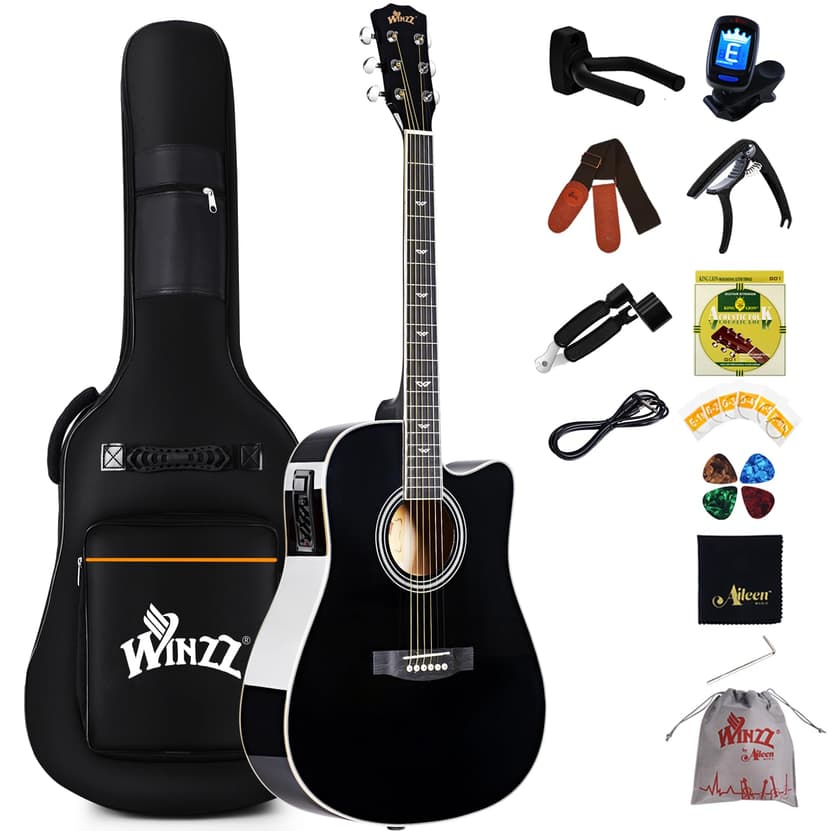 Winzz 4/4 Electro-Acoustic Guitar, Western Guitar Set for Adults and Beginners, Acoustic Guitar 41 Inch with 4-Band Equaliser (Dreadnought, Glossy, Black) - 1