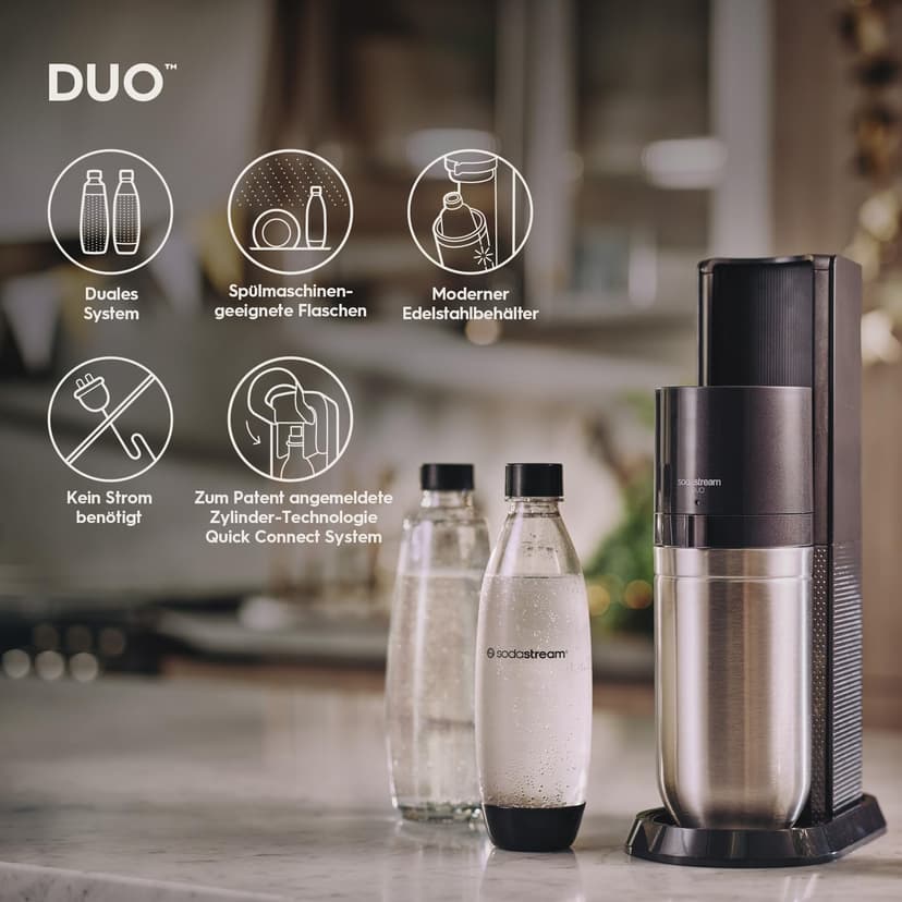 sodastream Duo – Machine à eau pétillante, 1 bouteille 1L sans BPA et 1 bouteille en verre 1L incluses, noire - 4