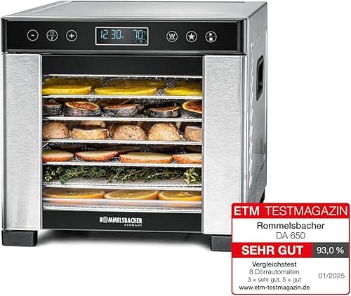 ROMMELSBACHER DA 650 automatic dehydrator, drying surface 0.5 m2, with 7 stainless steel dehydration trays, 1 dehydration rack, 1 dehydration stand, LCD display,