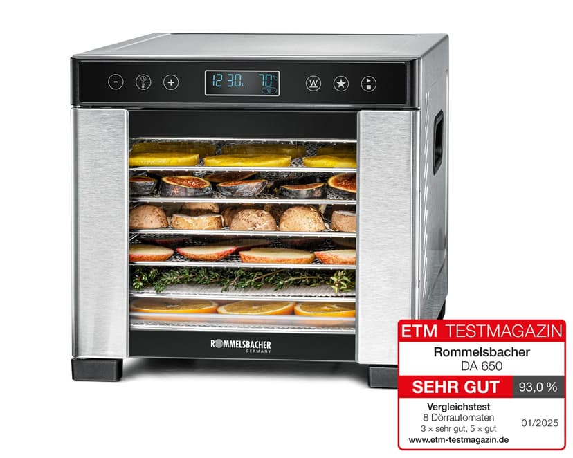 ROMMELSBACHER DA 650 automatic dehydrator, drying surface 0.5 m2, with 7 stainless steel dehydration trays, 1 dehydration rack, 1 dehydration stand, LCD display, - 1