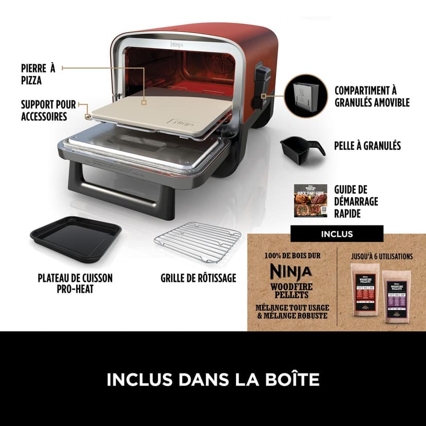Ninja Woodfire Four à pizza extérieur électrique 8-en-1, rotissoire & fumoir barbecue avec grille, plaque pro-heat, pierre à pizza, granulés de bois et pelle, 6 réglages, orange foncé OO101EU - 2