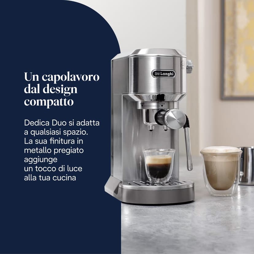 De'Longhi Dedica Duo EC890.M Barista Machine à café avec pompe, expresso et infusion à froid, machine à café manuelle avec tige à vapeur LatteArt, 15 cm de large, 2 expresso, écran tactile, tasse - 2