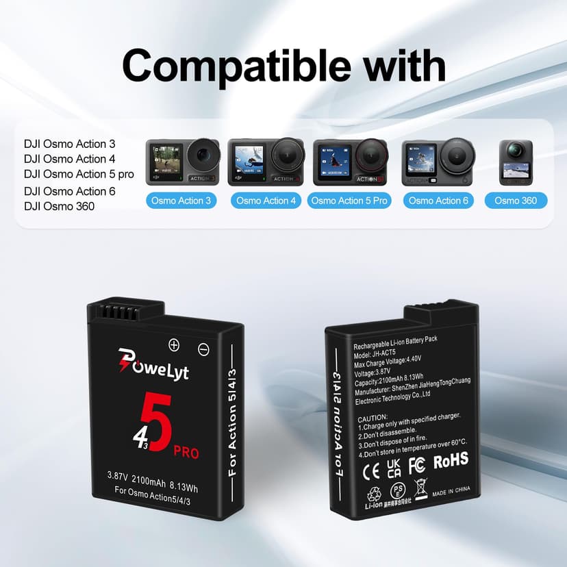 PoweLyt Osmo 360/Action 6/5 Pro/4/3 Battery 2 Packs 3.87V 2100mAh Osmo Action 5 Pro Batteries and 3 Channels Charging Station Compatible with DJI Osmo Action 6/Action 5 Pro/Action 4/Action 3,Osmo 360 - 2