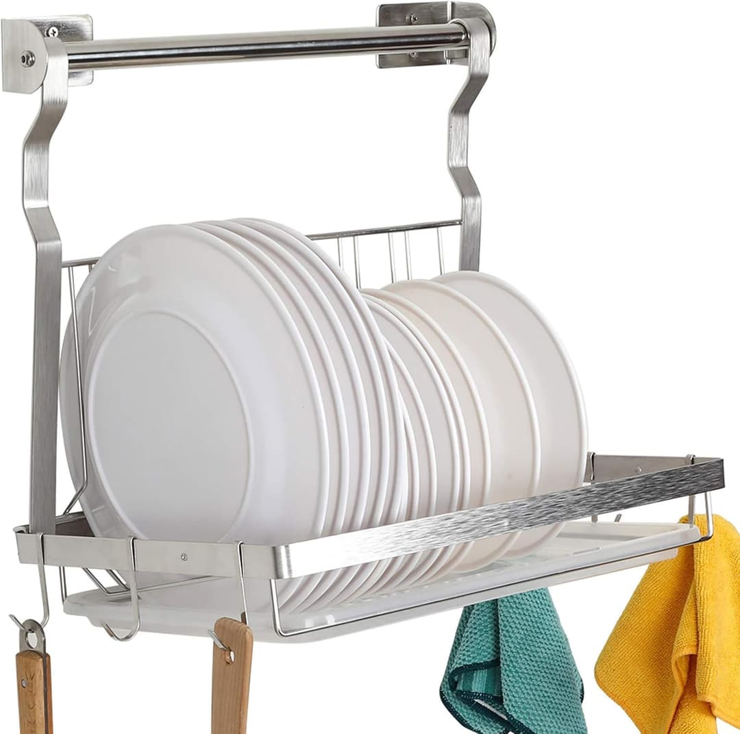TQVAI Stainless Steel Dish Drying Rack with Drainboard Ha…