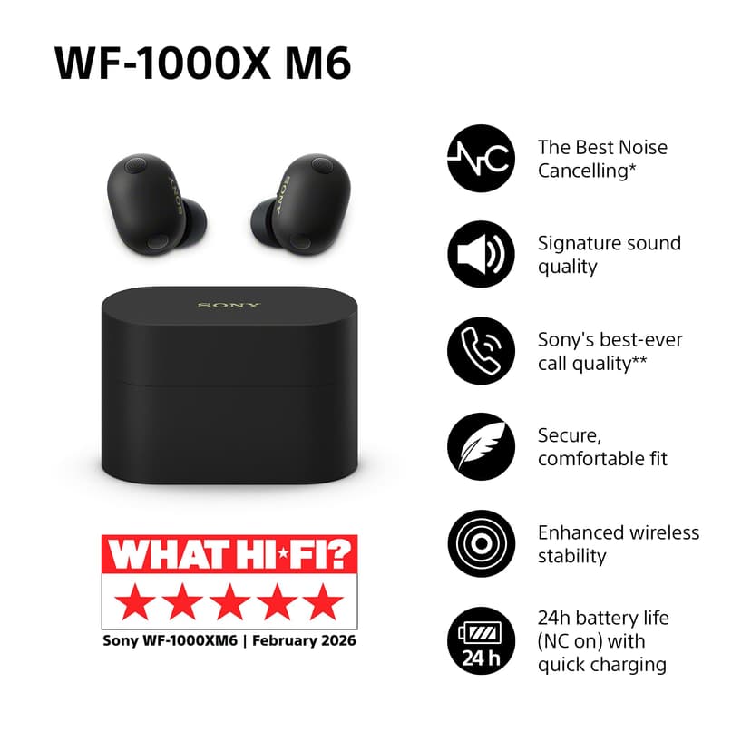 Sony WF-1000XM6 Flagship Wireless Noise Cancelling Earbuds, Bluetooth, In-ear Headphones, Signature Hi-Res Sound, Clear Calls, 10 band EQ, 24 Hr Battery NC On, IPX4, iOS & Android - Black - 2